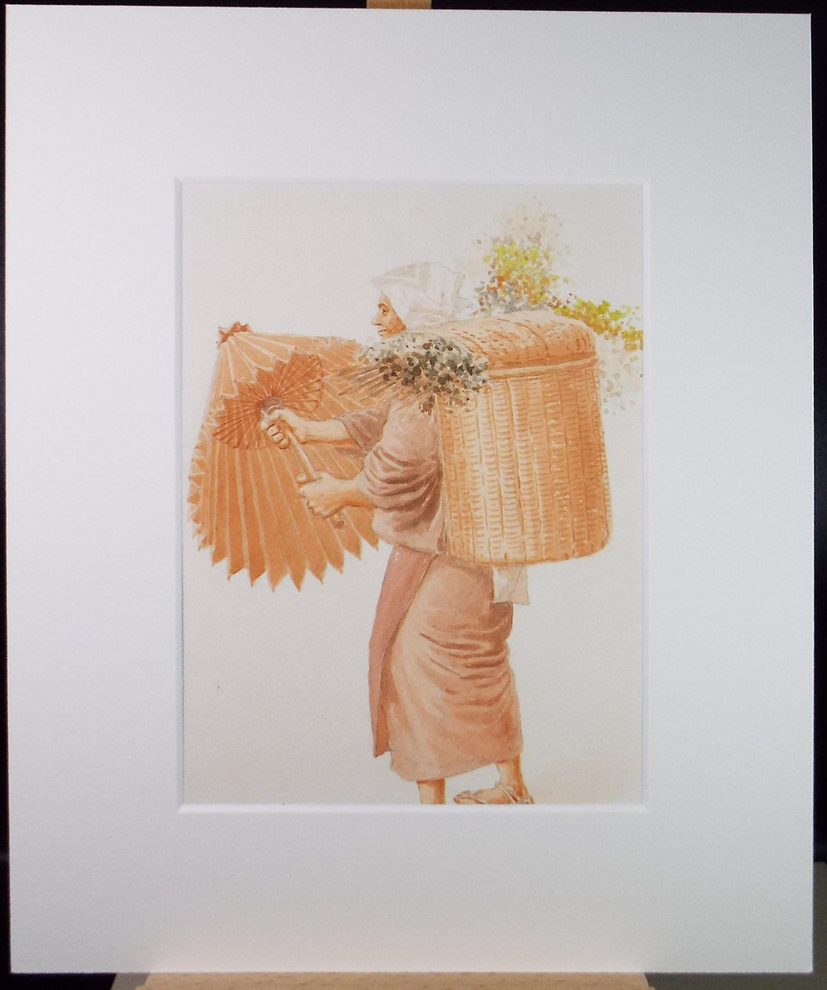 Original Watercolour, 'Japanese figure with basket & parasol', c1960's, Unknown Artist