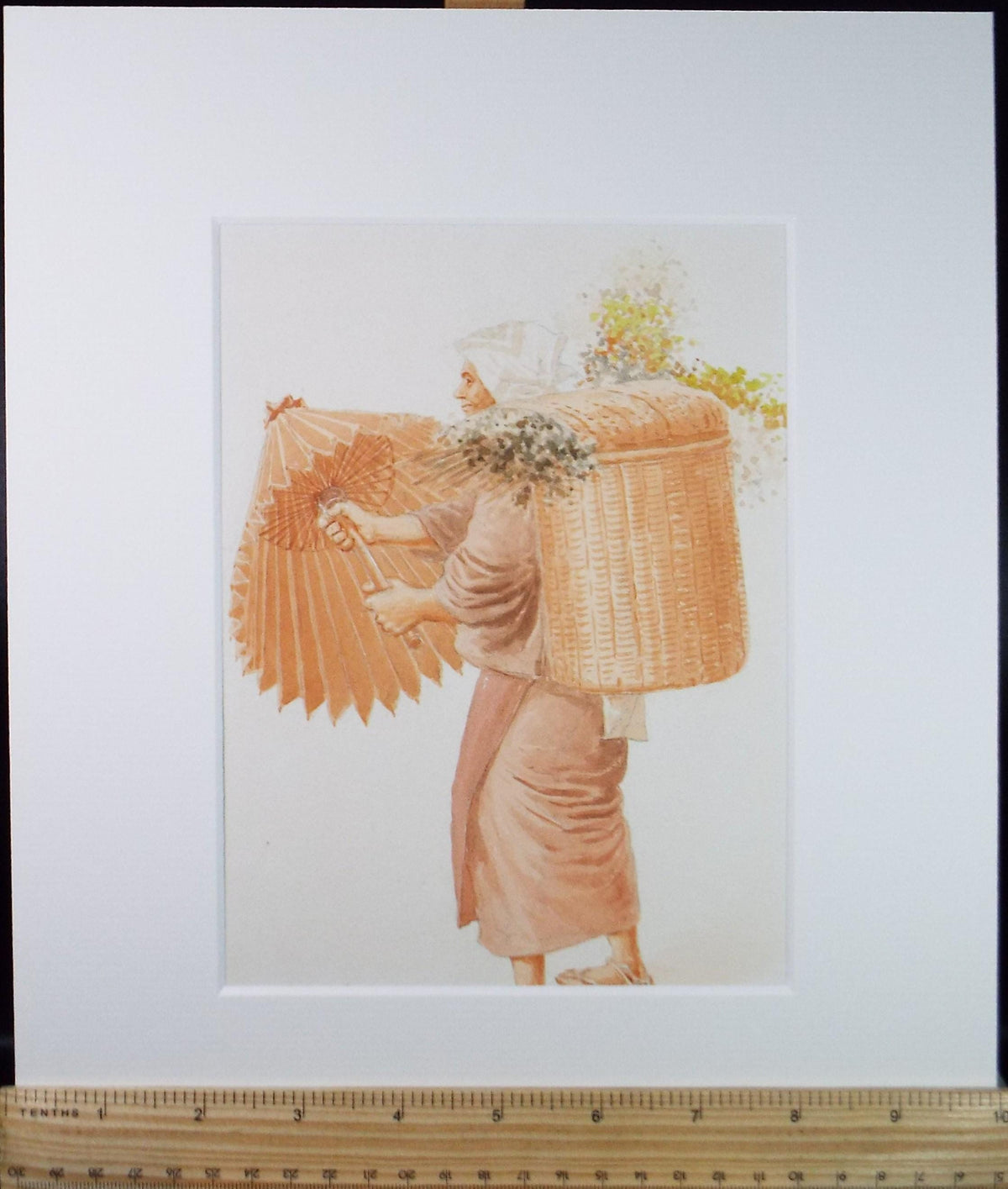 Original Watercolour, 'Japanese figure with basket & parasol', c1960's, Unknown Artist