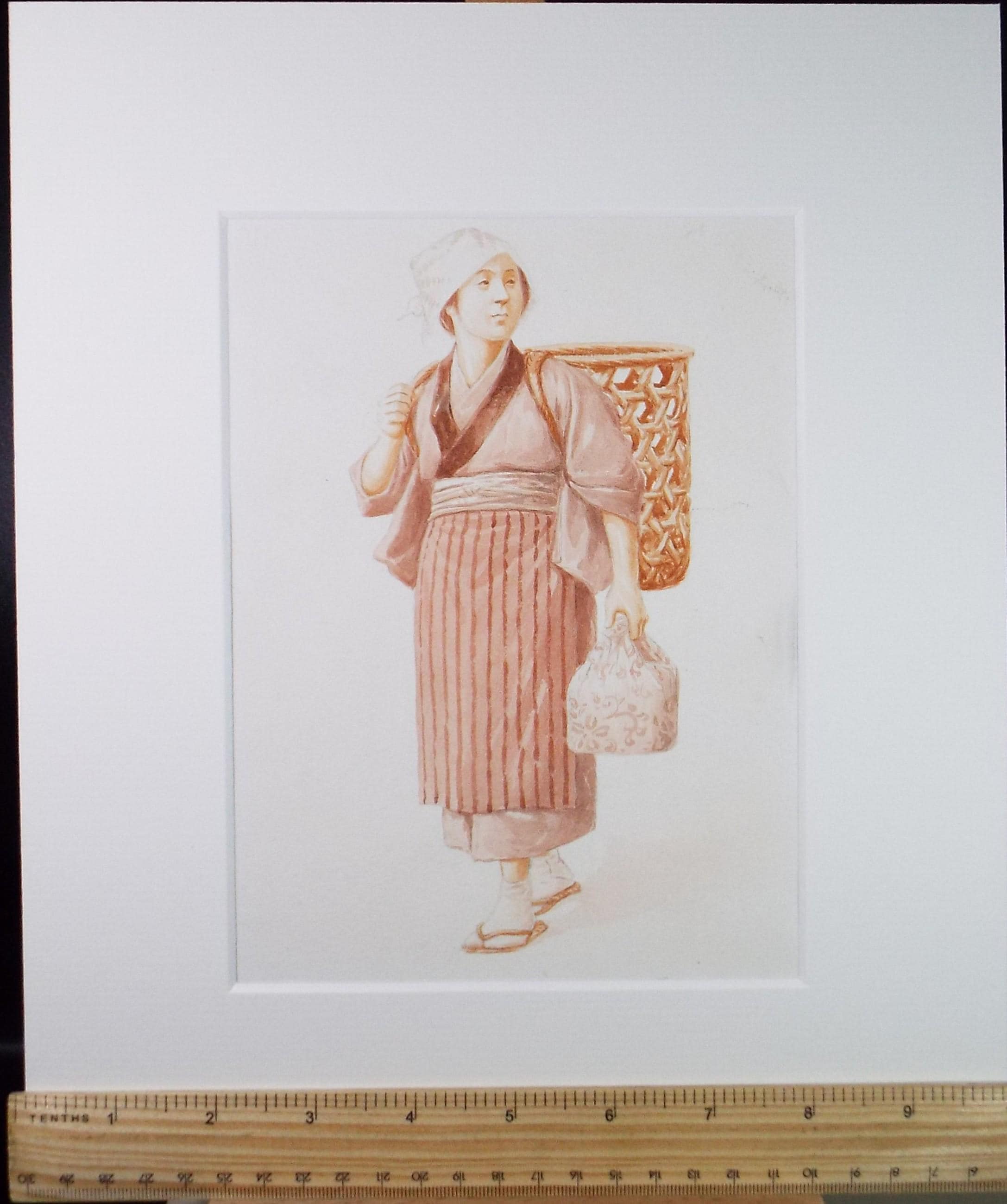 Original Watercolour, 'Japanese figure with a basket', c1960's, Unknown Artist