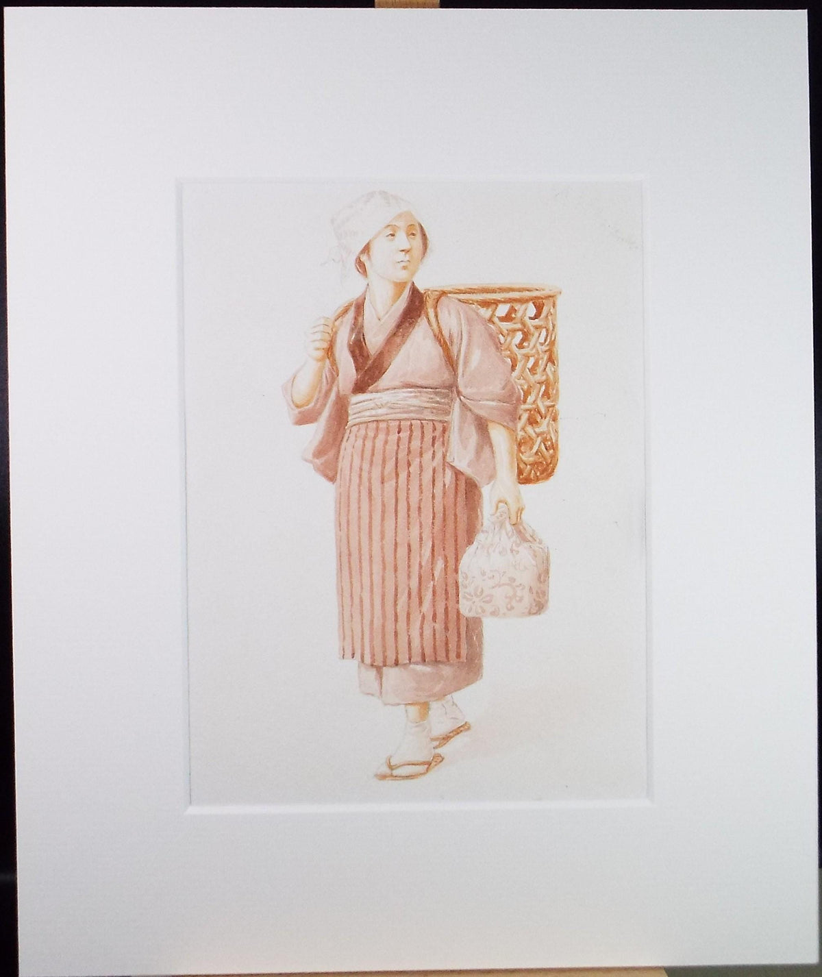 Original Watercolour, 'Japanese figure with a basket', c1960's, Unknown Artist