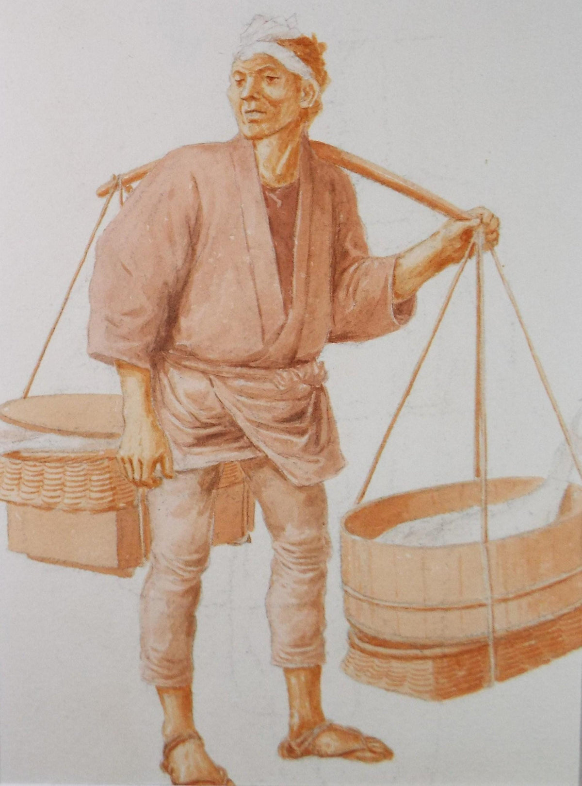 Original Watercolour, 'Japanese figure with a baskets', c1960's, Unknown Artist