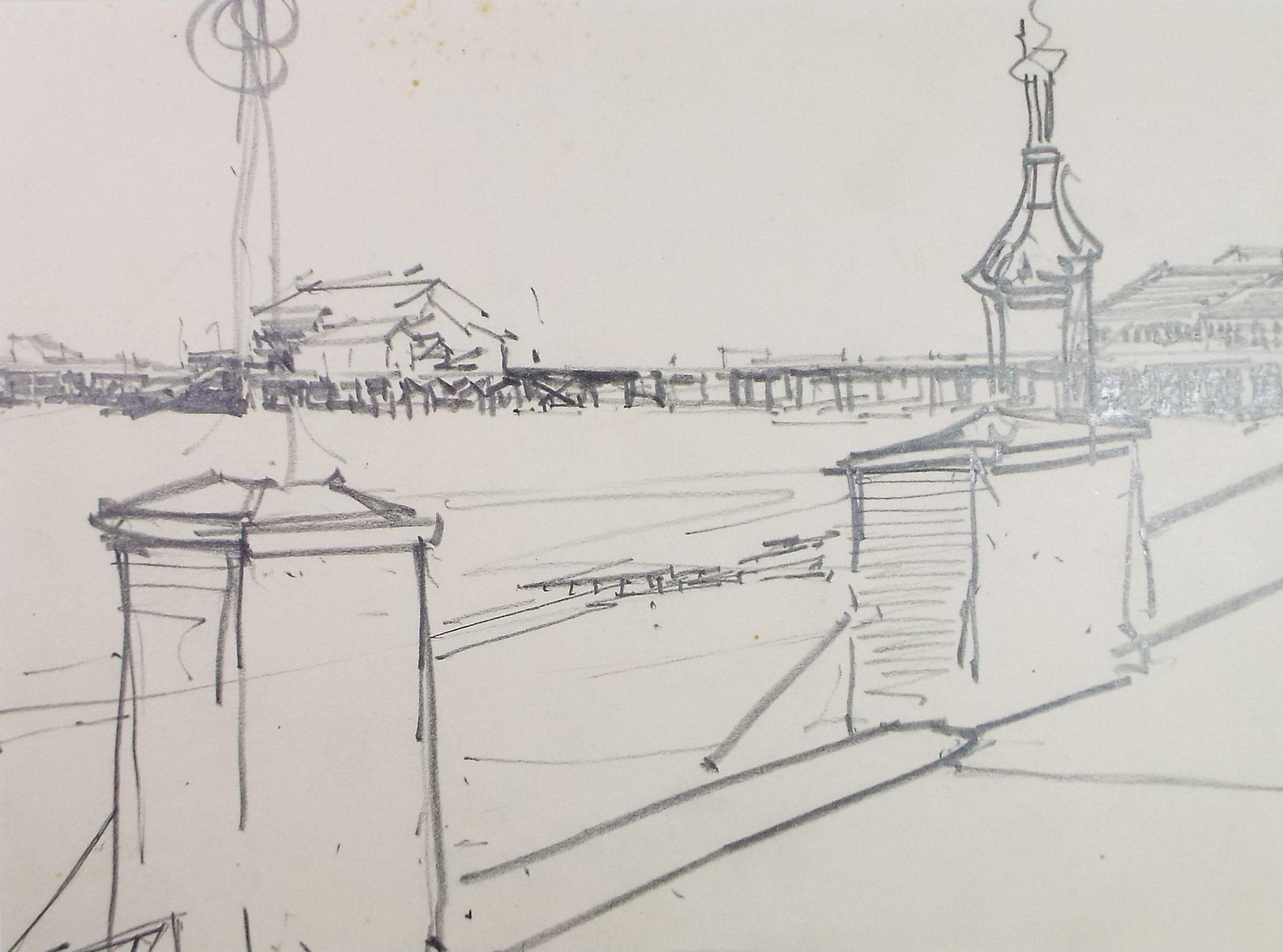 Original Pencil Drawing, 'Promenade and Pier ', circa 1920's ,Lawrence Walker (1877-1967)