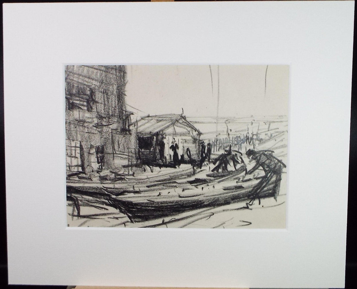 Original Pencil Drawing, 'Figures and boats on the hard ', circa 1920's ,Lawrence Walker (1877-1967)
