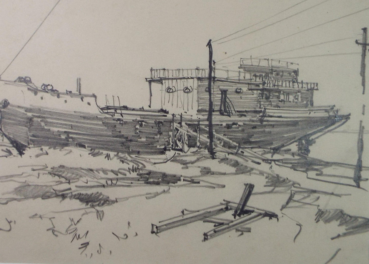 Original Pencil Drawing, 'Ship at the Quay', circa 1920's ,Lawrence Walker (1877-1967