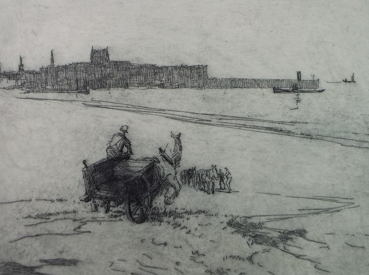 Hand Pressed Etching, 'Horse, cart and figures on the shore', Lawrence Walker (1877-1967), Circa 1920's