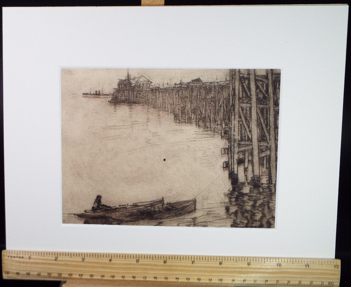 Hand Pressed Etching, 'Pier with Moored boat', Lawrence Walker (1877-1967), Circa 1920's