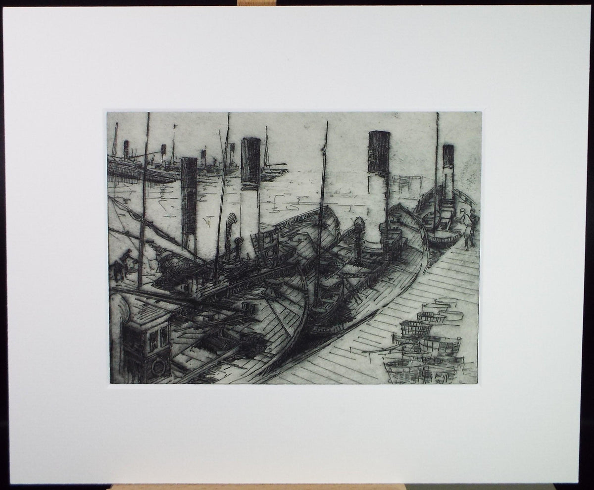 Hand Pressed Etching, 'Fishing Boats', Lawrence Walker (1877-1967), Circa 1920's