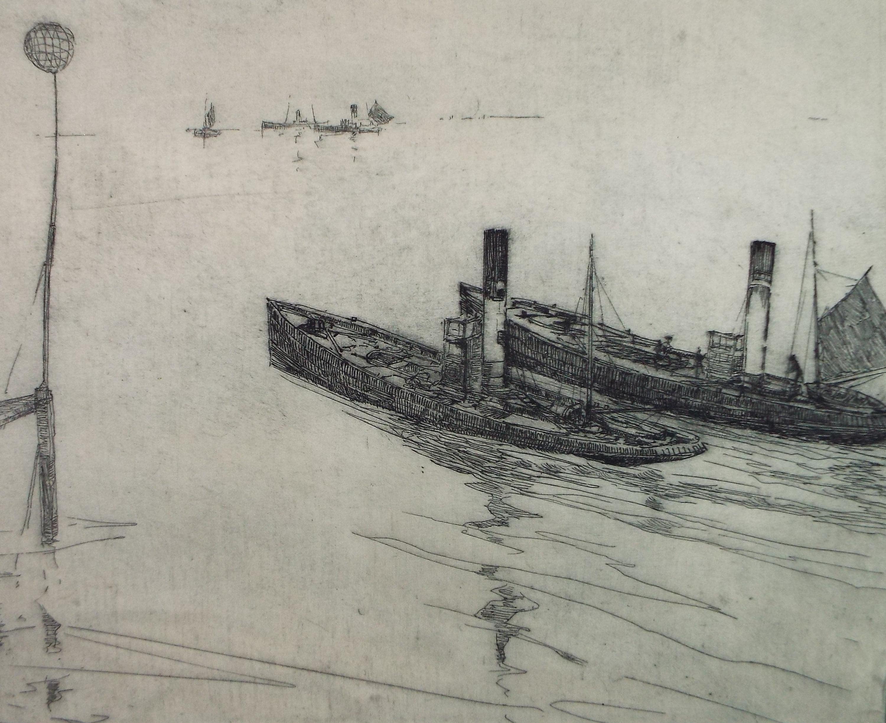 Hand Pressed Etching, 'Two working boats', Lawrence Walker (1877-1967), Circa 1920's