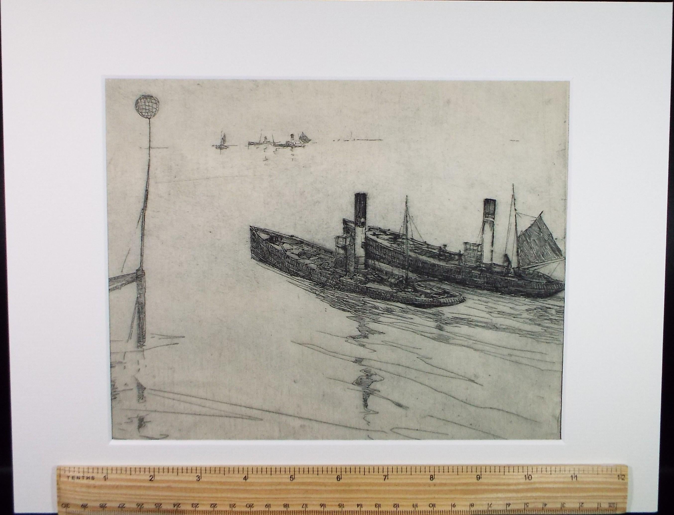 Hand Pressed Etching, 'Two working boats', Lawrence Walker (1877-1967), Circa 1920's