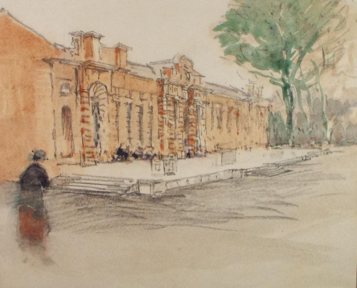 Original Watercolour & Pencil, 'Figure before a grand building', Circa 1920's, Lawrence Walker (1877-1967)
