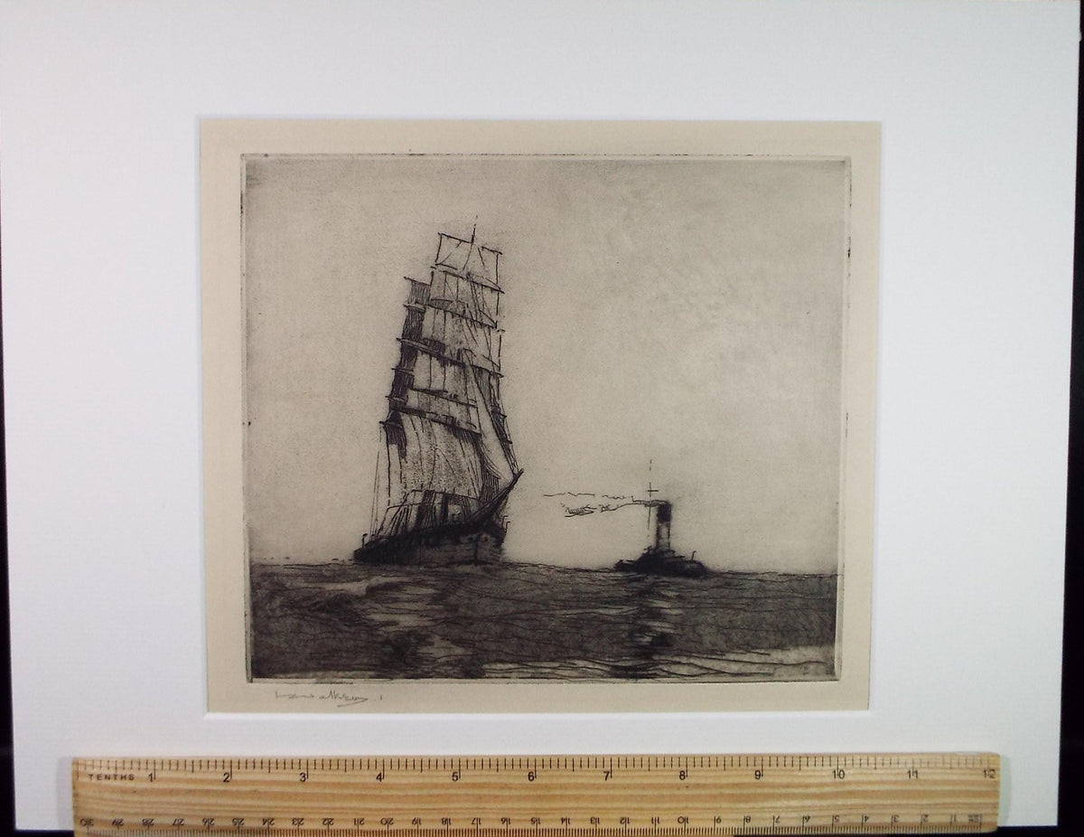 Hand Pressed Etching, 'Tall Ship with tug boat', Lawrence Walker (1877-1967), Circa 1920's, signed