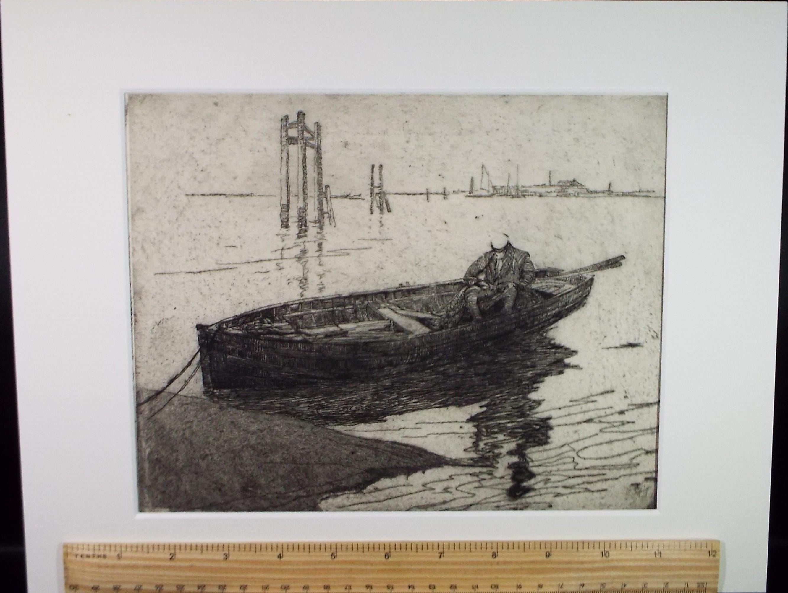 Hand Pressed Etching, 'Figure in a boat', Lawrence Walker (1877-1967), Circa 1920's