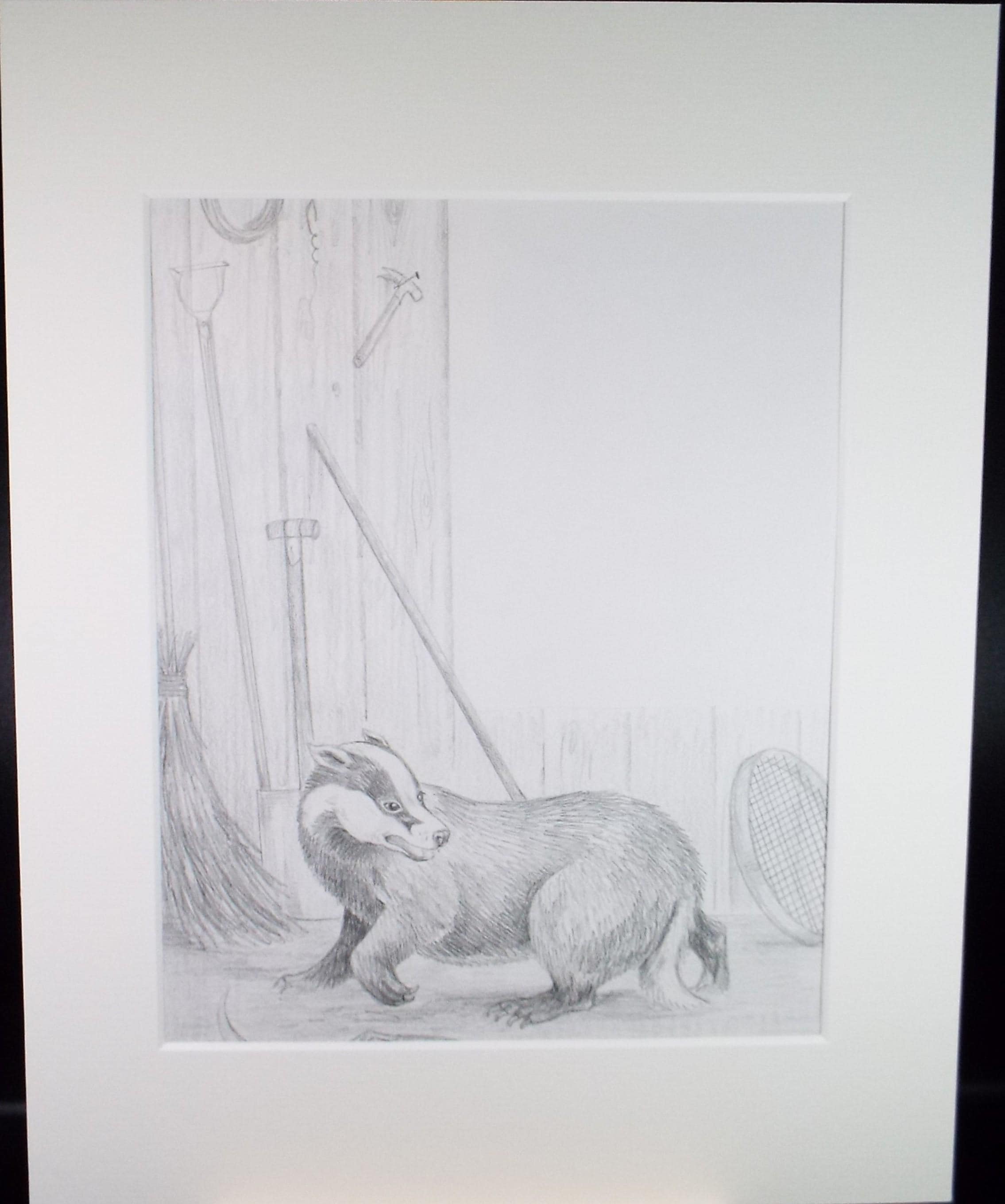 Original Pencil Drawing, 'Badger by the tool shed', circa 1980's, Artist unknown