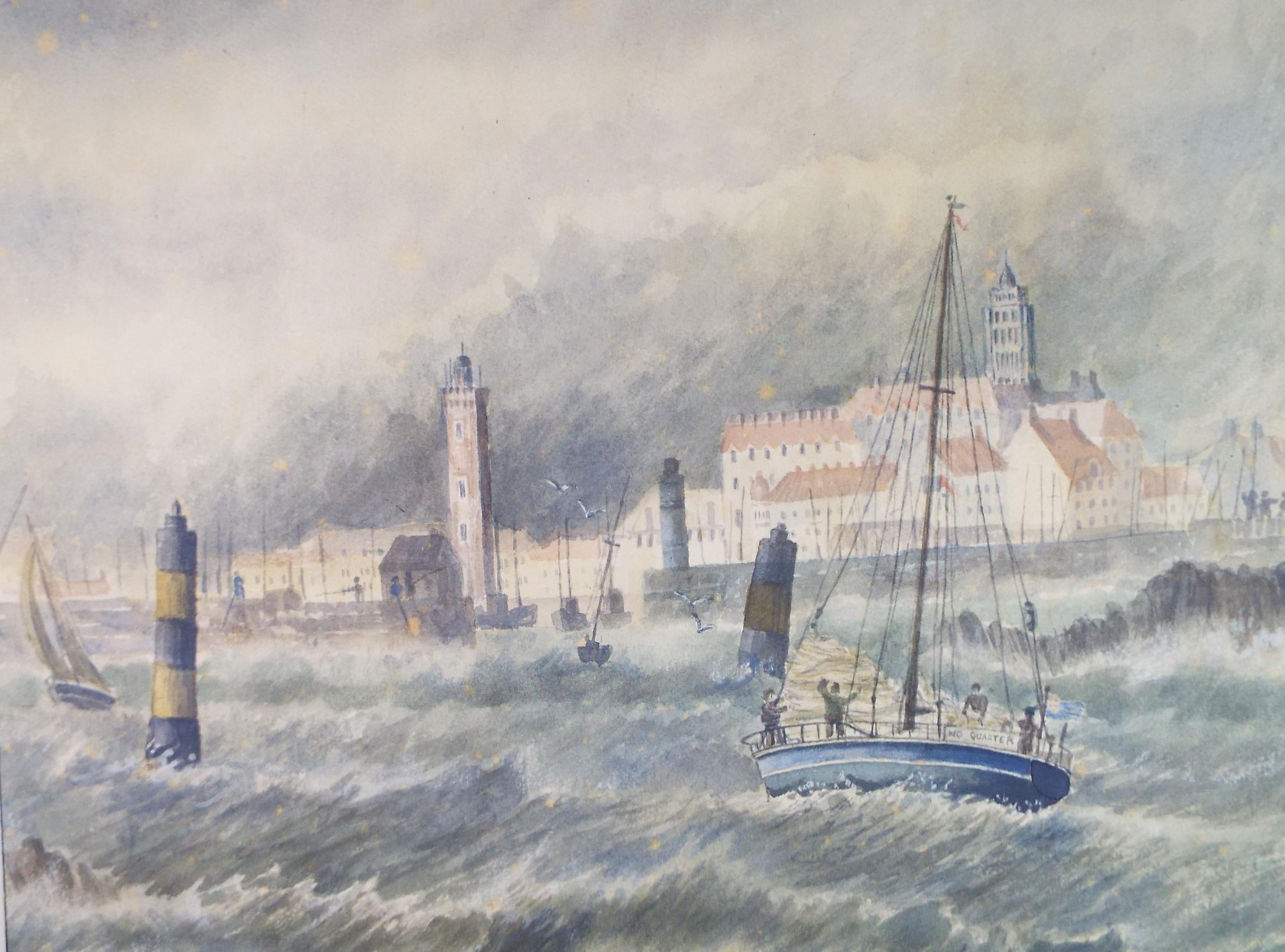 Original Watercolour, 'Approaching Roscoff in stormy seas', Circa 1970's Artist Unknown