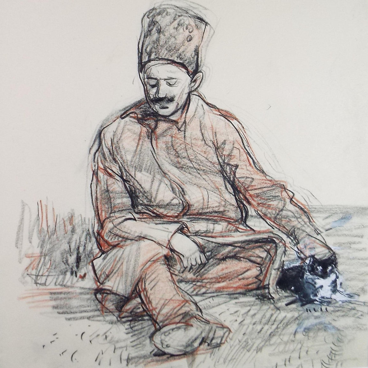 John Gilbey Bowles Pencil Drawing, Figure with Cat, 1990s Art Print (Mounted)
