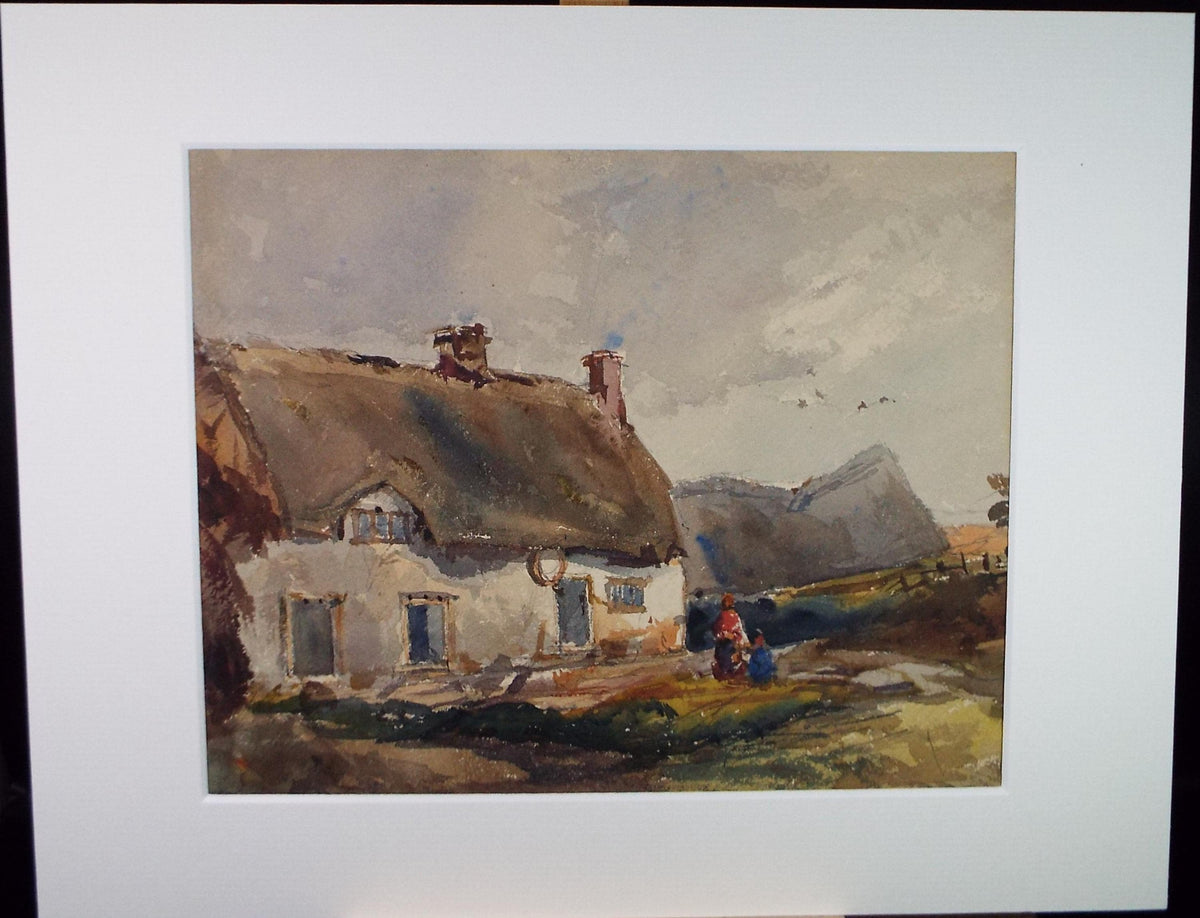 Original Watercolour, 'Thatched cottage with figures', c1900, Artist Unknown