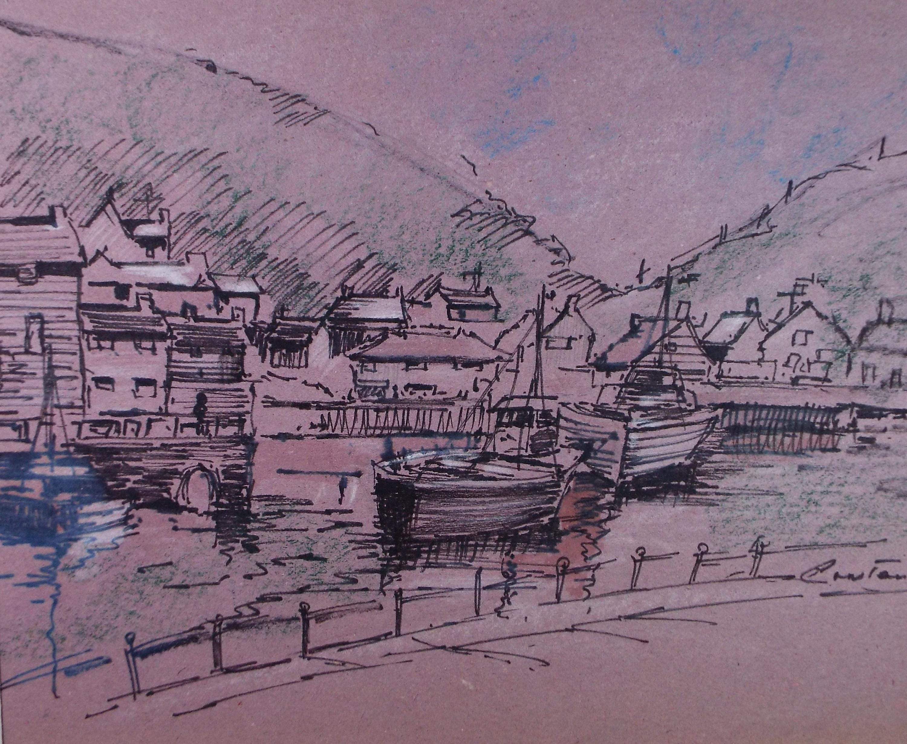 Original ink and pastel 'Fishing Harbour', Signed Constance, Circa 1980's