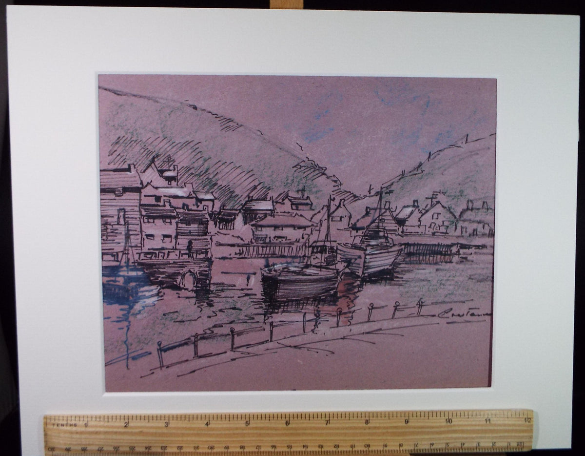 Original ink and pastel 'Fishing Harbour', Signed Constance, Circa 1980's