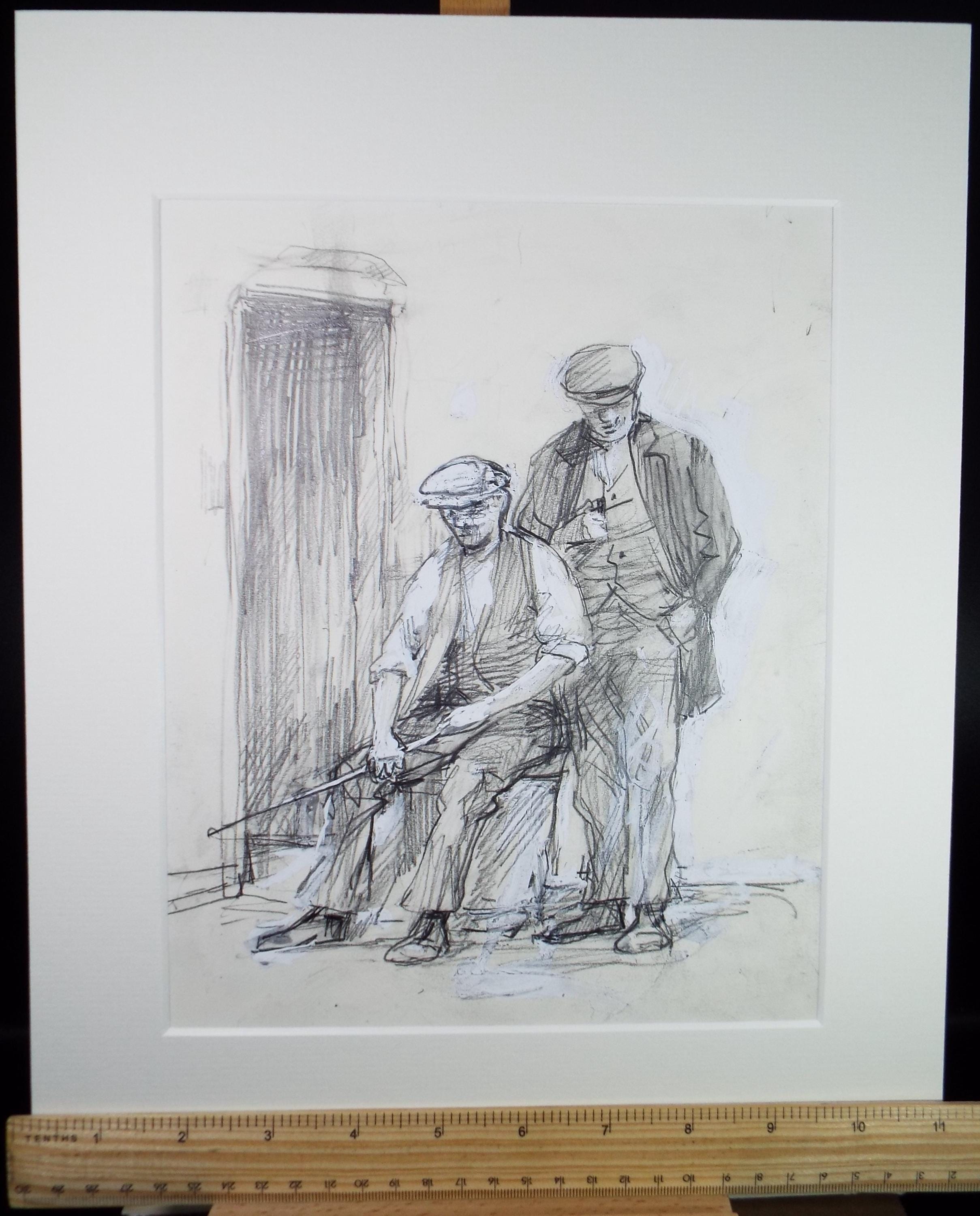 Original Pencil drawing heightened with white 'Two basket makers from 1900' circa 1990's, John Gilbey Bowles (1929-2011)