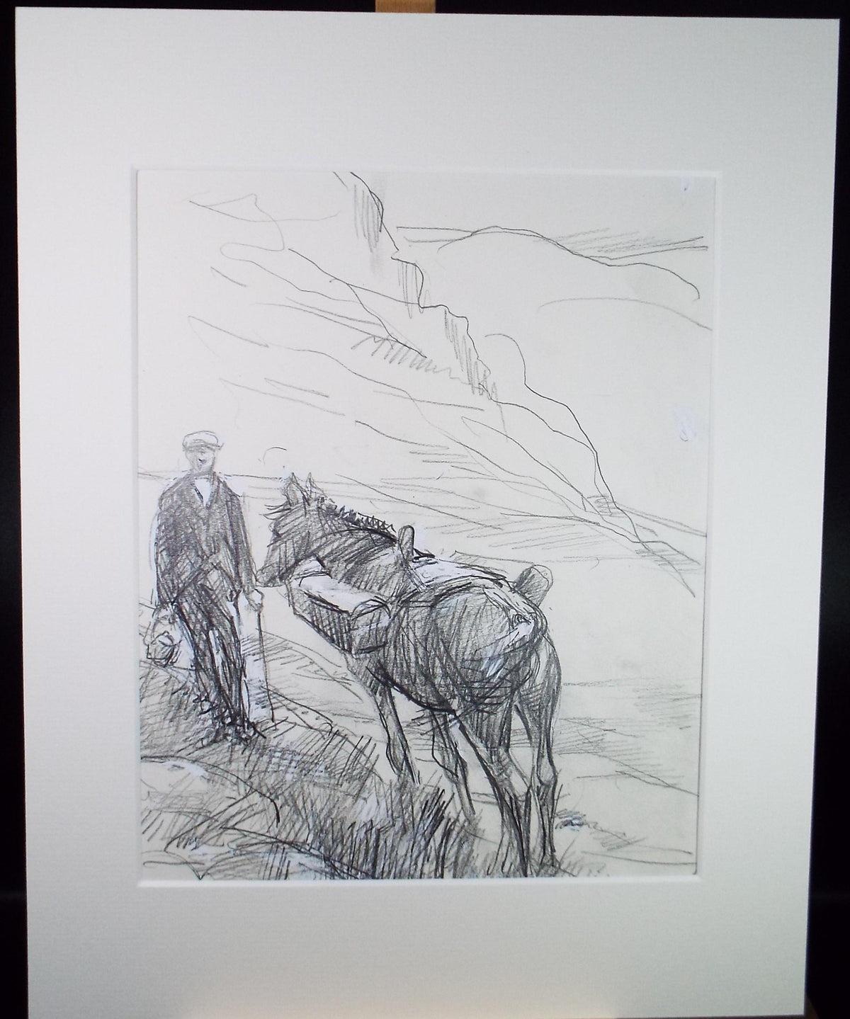 Original Pencil drawing heightened with white 'Figure with pack horse' circa 1990's, John Gilbey Bowles (1929-2011)
