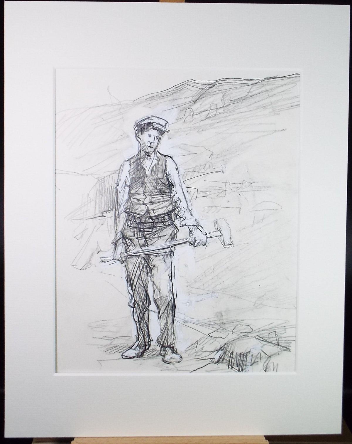 Original Pencil drawing heightened with white 'Granite Quarry Worker' circa 1990's, John Gilbey Bowles (1929-2011)