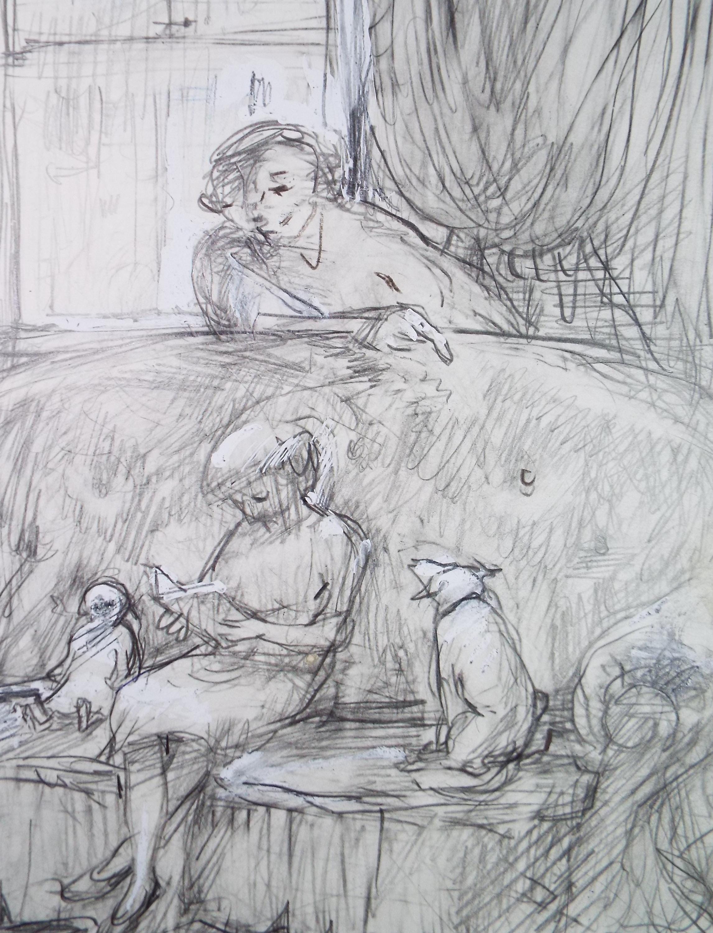 Original Pencil drawing heightened with white 'Figures in the sitting room' circa 1990's, John Gilbey Bowles (1929-2011)