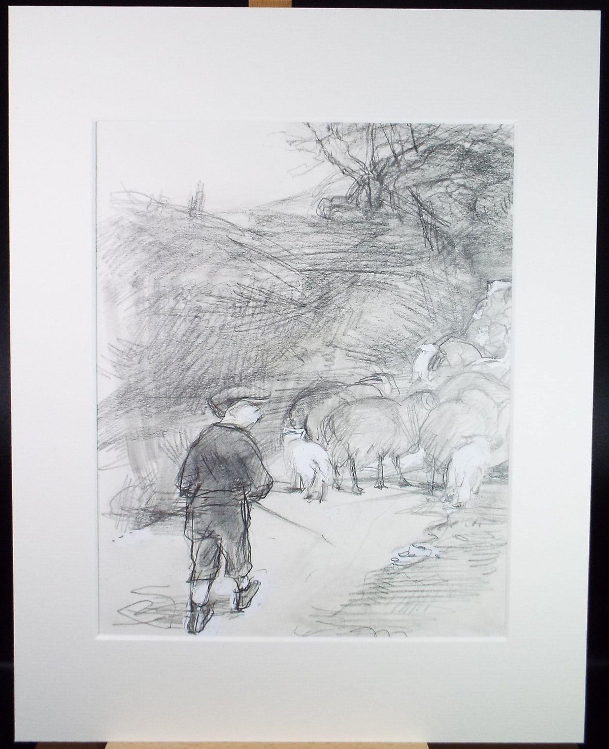 Original Pencil drawing heightened with white Boy herding sheep' circa 1990's, John Gilbey Bowles (1929-2011)