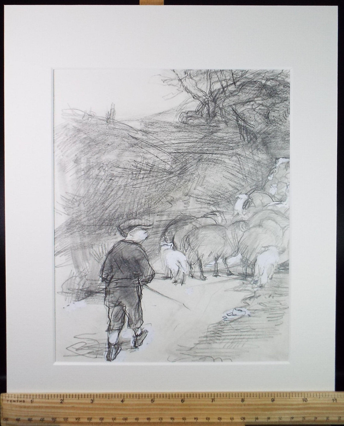 Original Pencil drawing heightened with white Boy herding sheep' circa 1990's, John Gilbey Bowles (1929-2011)