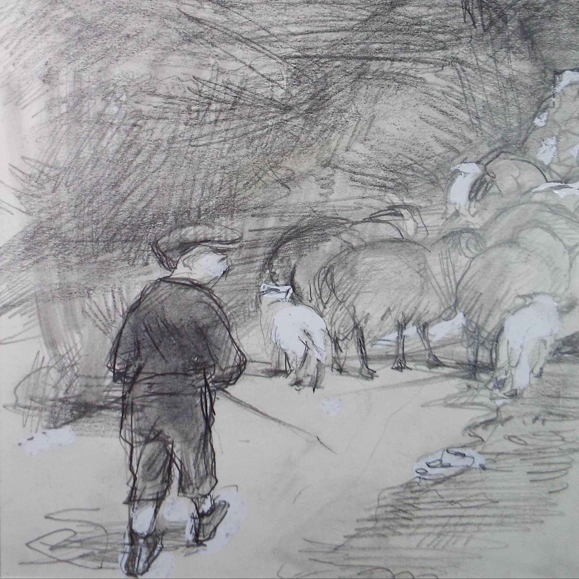 Original Pencil drawing heightened with white Boy herding sheep' circa 1990's, John Gilbey Bowles (1929-2011)