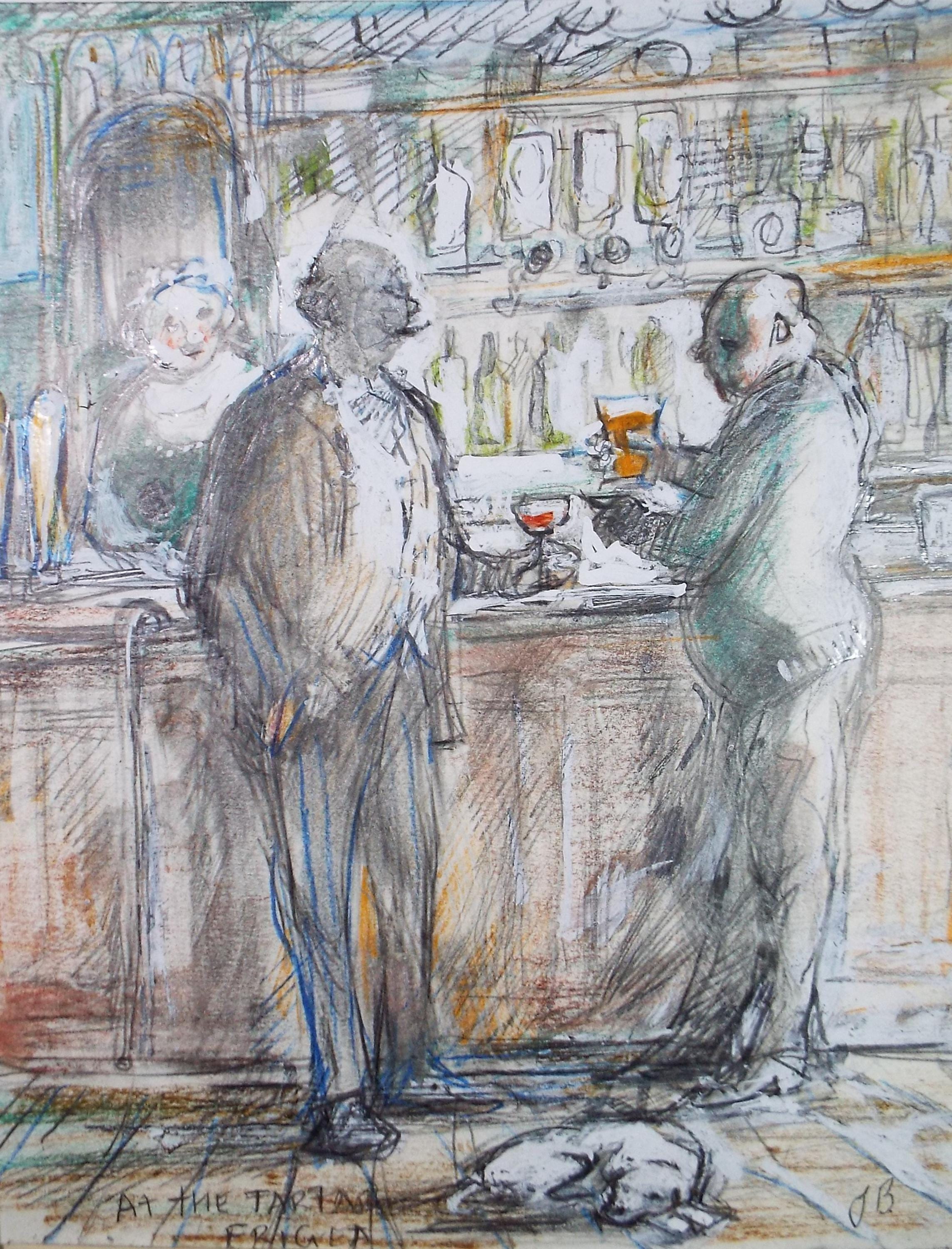 Original mixed media,'Figures at a Bar', circa 1990's, John Gilbey Bowles (1929-2011)