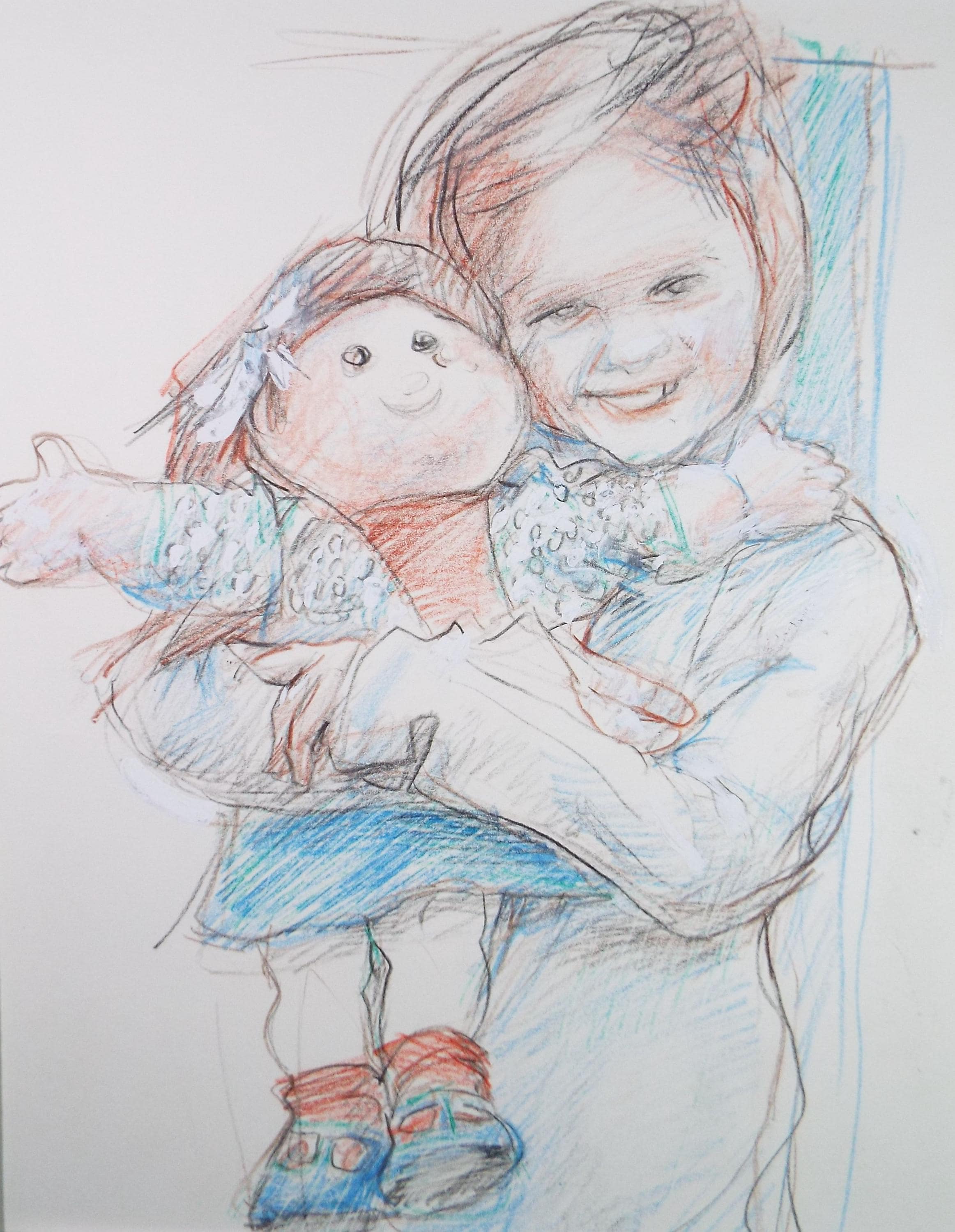 Original Pencil drawing heightened with white 'Child with Doll' circa 1990's, John Gilbey Bowles (1929-2011)