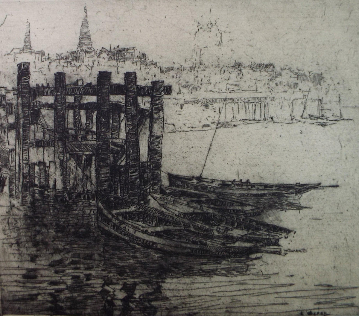 Hand Pressed Etching, 'Two rowing boats', Lawrence Walker (1877-1967), Circa 1920's