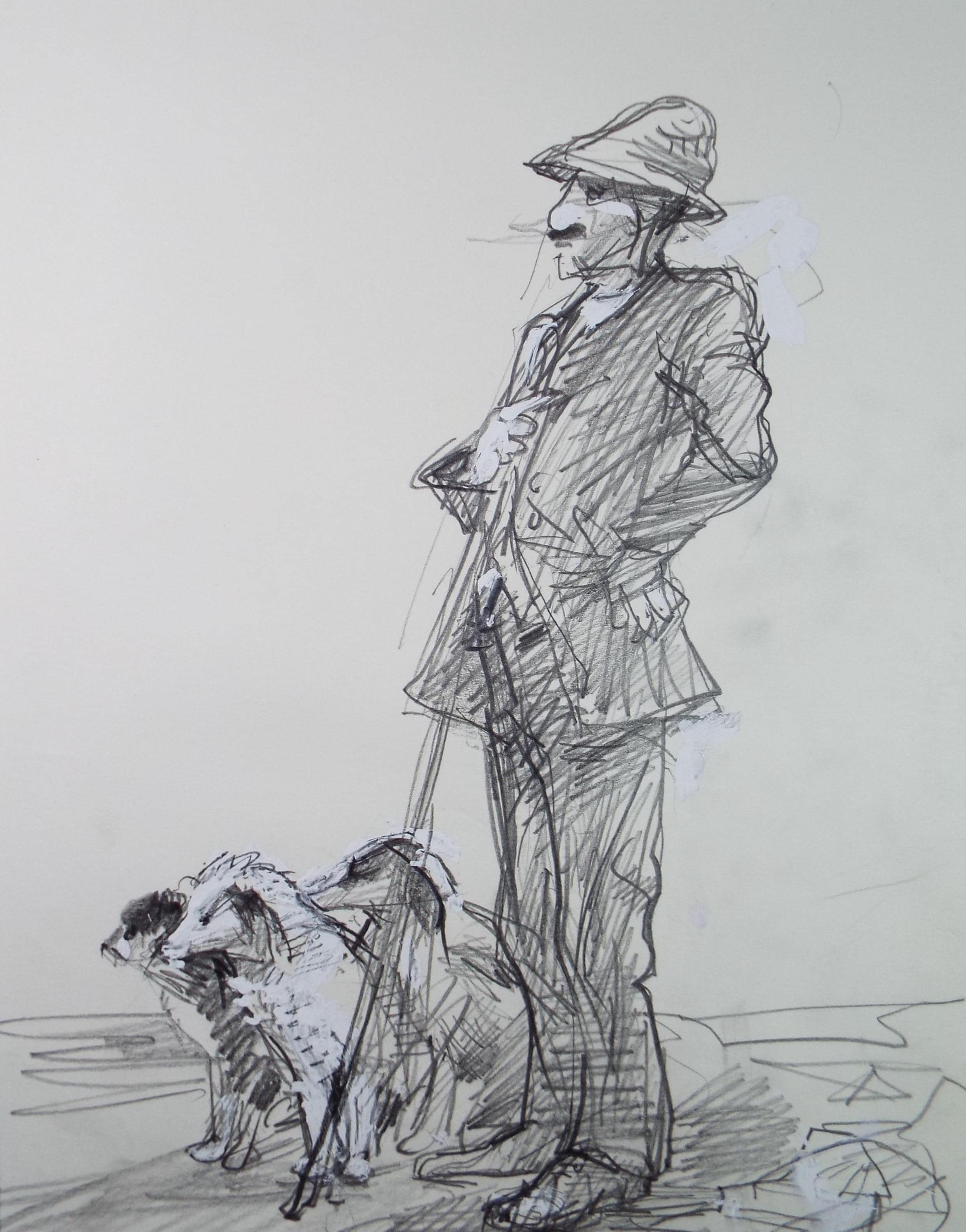 Original Pencil drawing heightened with white 'Farmer with dogs', circa 1990's, John Gilbey Bowles (1929-2011)