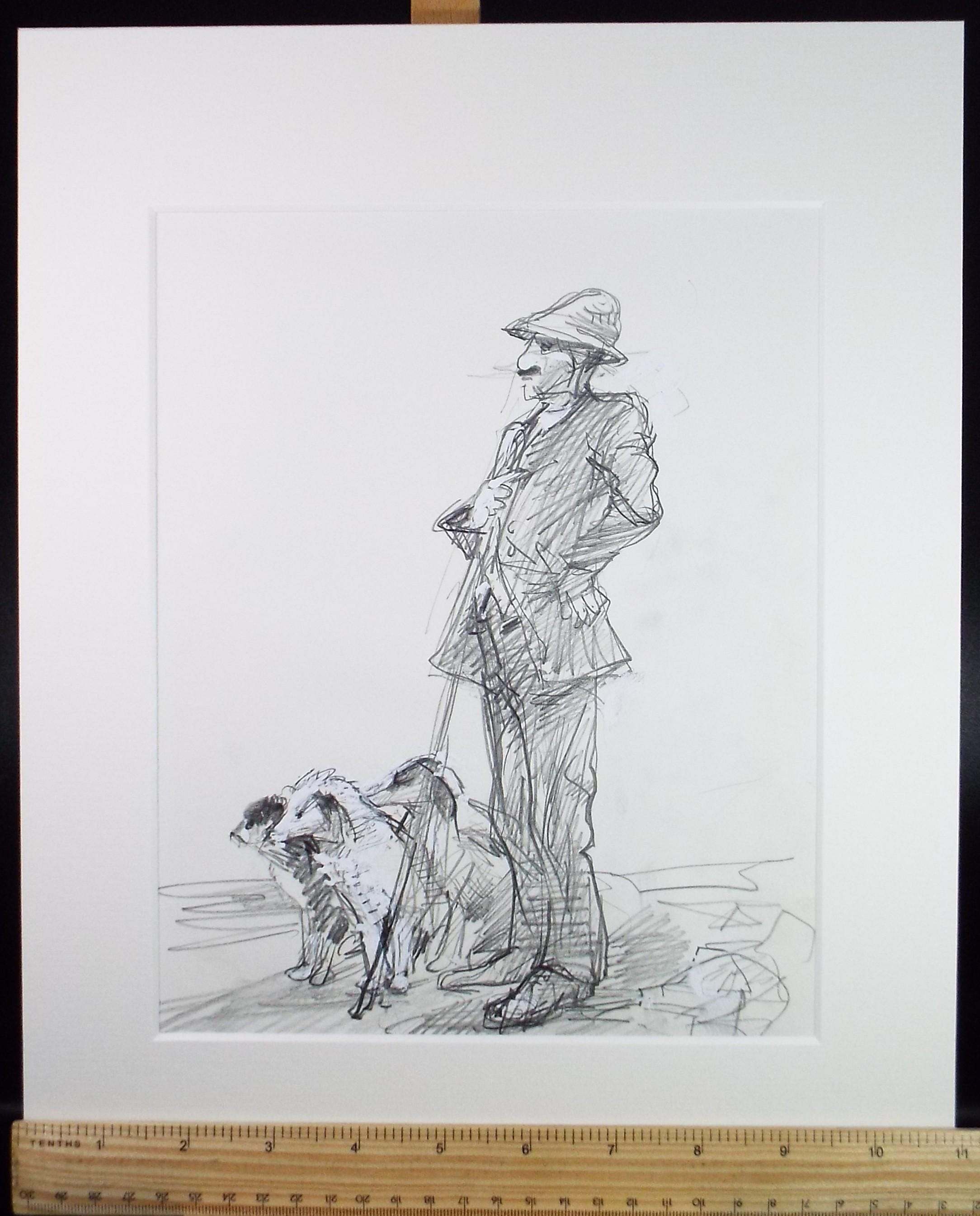 Original Pencil drawing heightened with white 'Farmer with dogs', circa 1990's, John Gilbey Bowles (1929-2011)