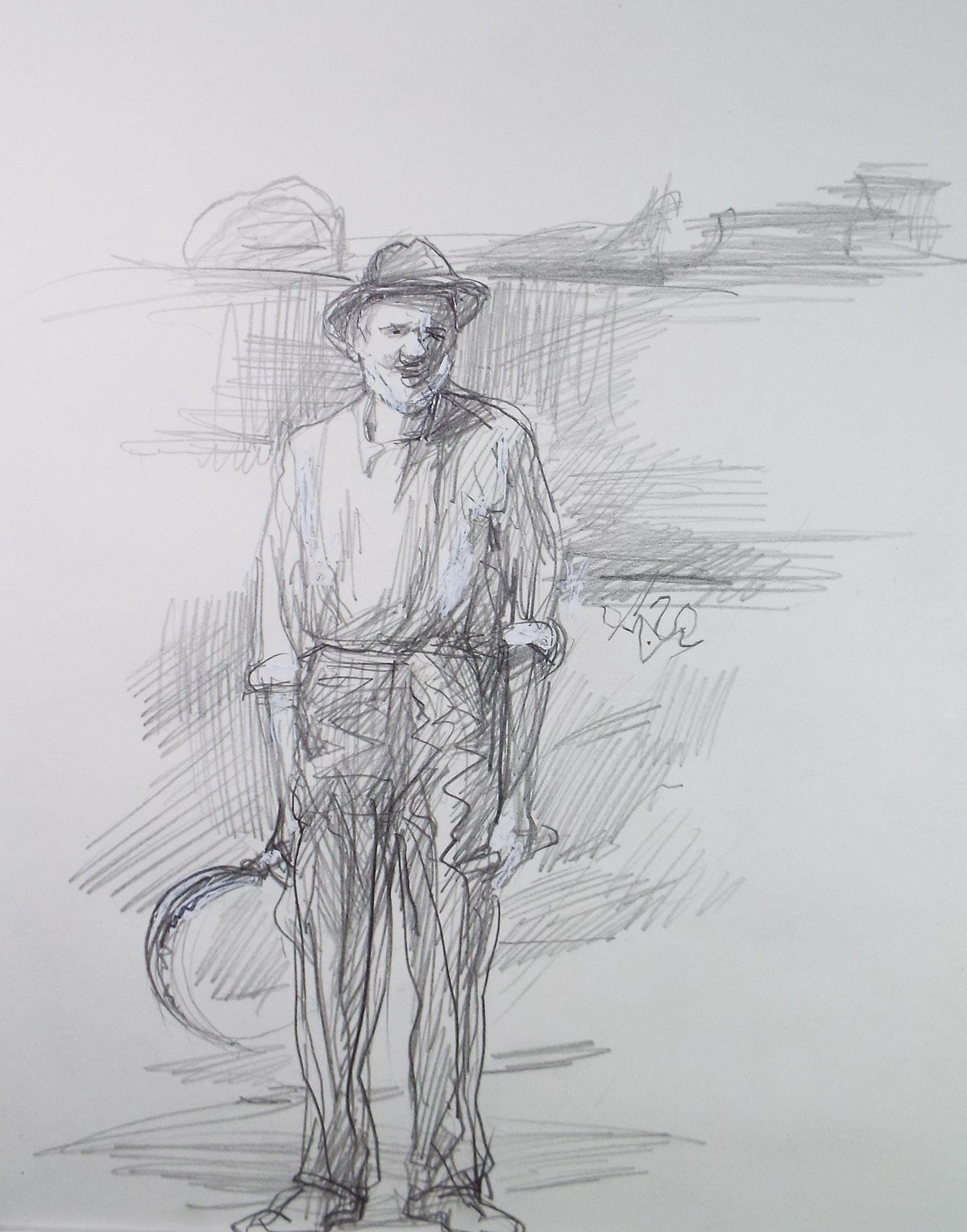 Original Pencil drawing heightened with white 'Farm Worker', circa 1990's, John Gilbey Bowles (1929-2011)