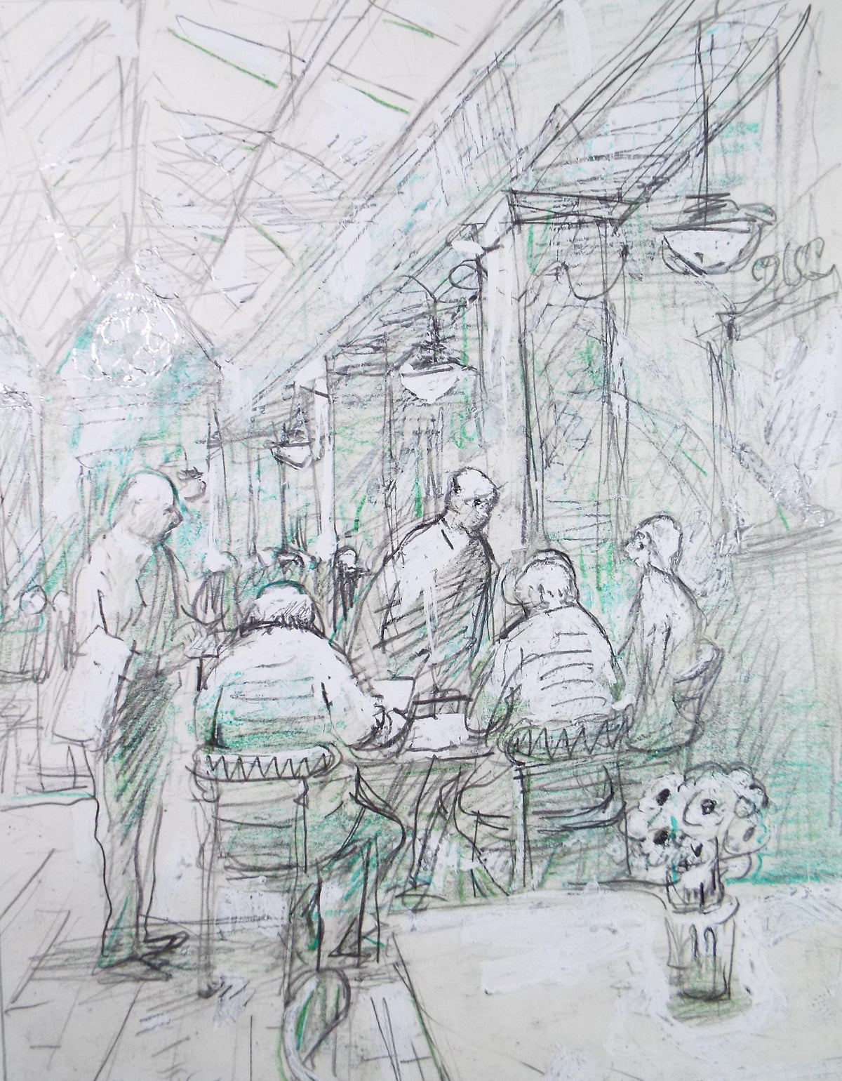 Original mixed media,'In the Restaurant', circa 1990's, John Gilbey Bowles (1929-2011)