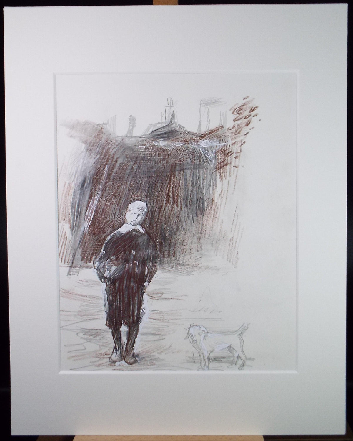 Original Pencil drawing heightened with white 'Boy with dog', circa 1990's, John Gilbey Bowles (1929-2011)