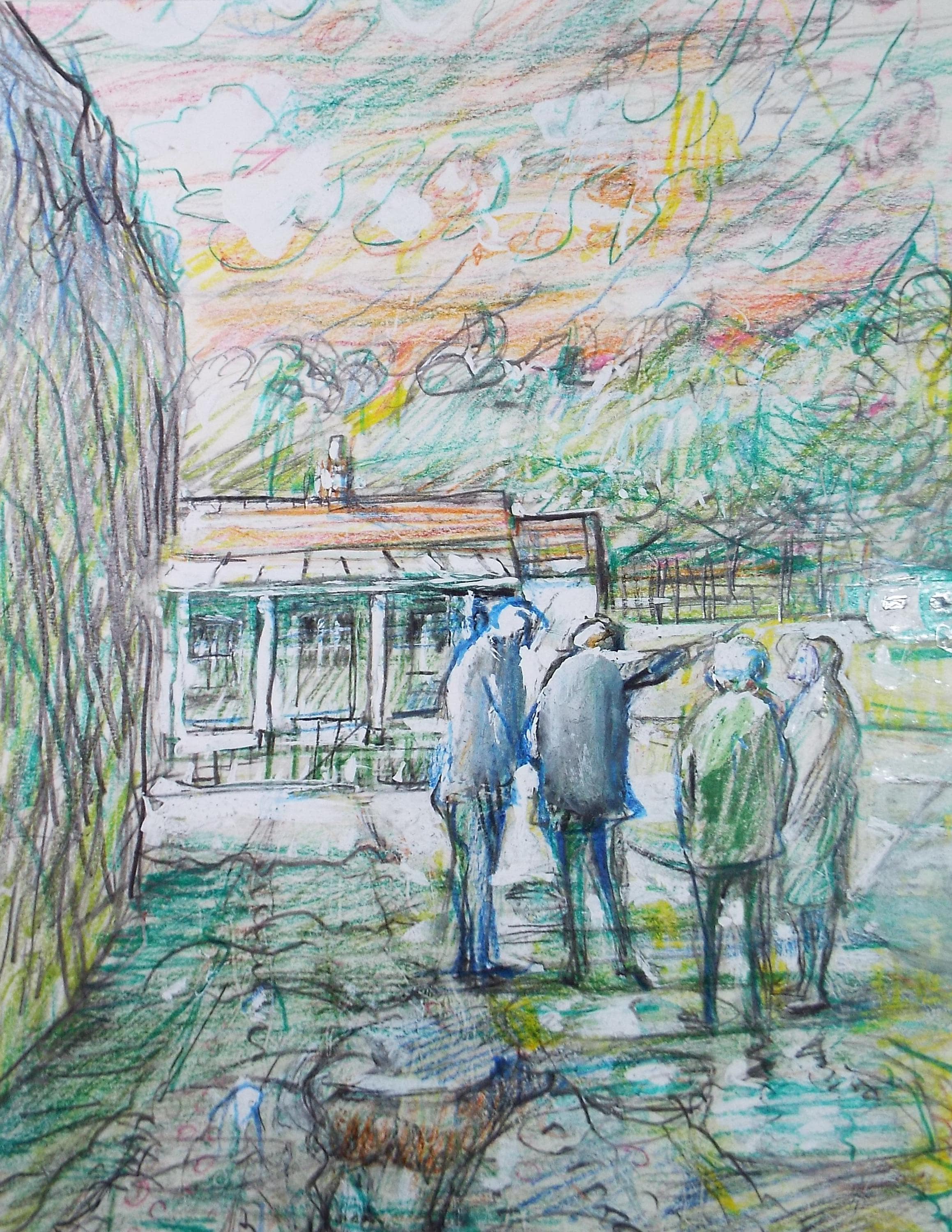 Original mixed media, 'Figures at the camp site', circa 1990's, John Gilbey Bowles (1929-2011)