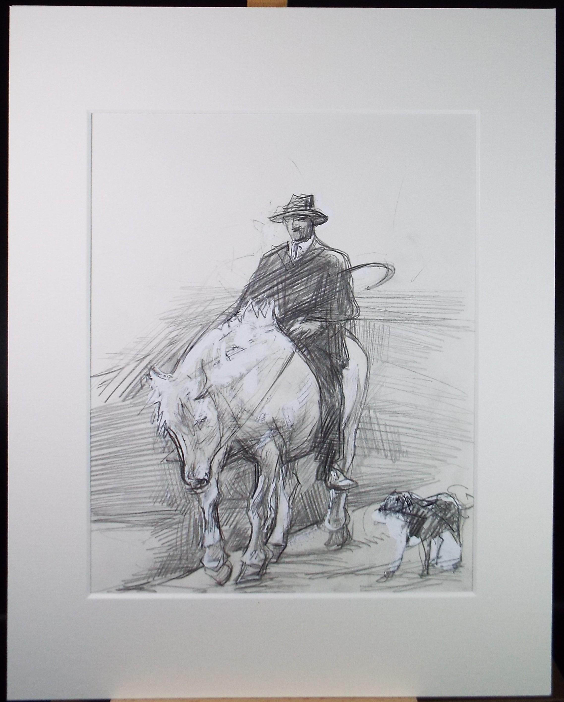 Original Pencil Drawing 'Rider with Dog', John Gilbey Bowles, 1990s (Mounted)