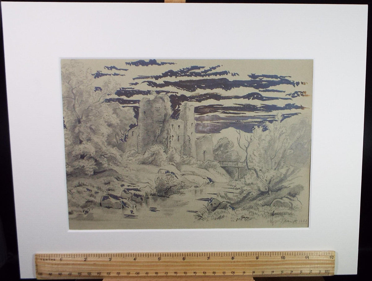 Original Pencil drawing with ink, 'Castle Ruins', Unknown Artist - Dated 1863