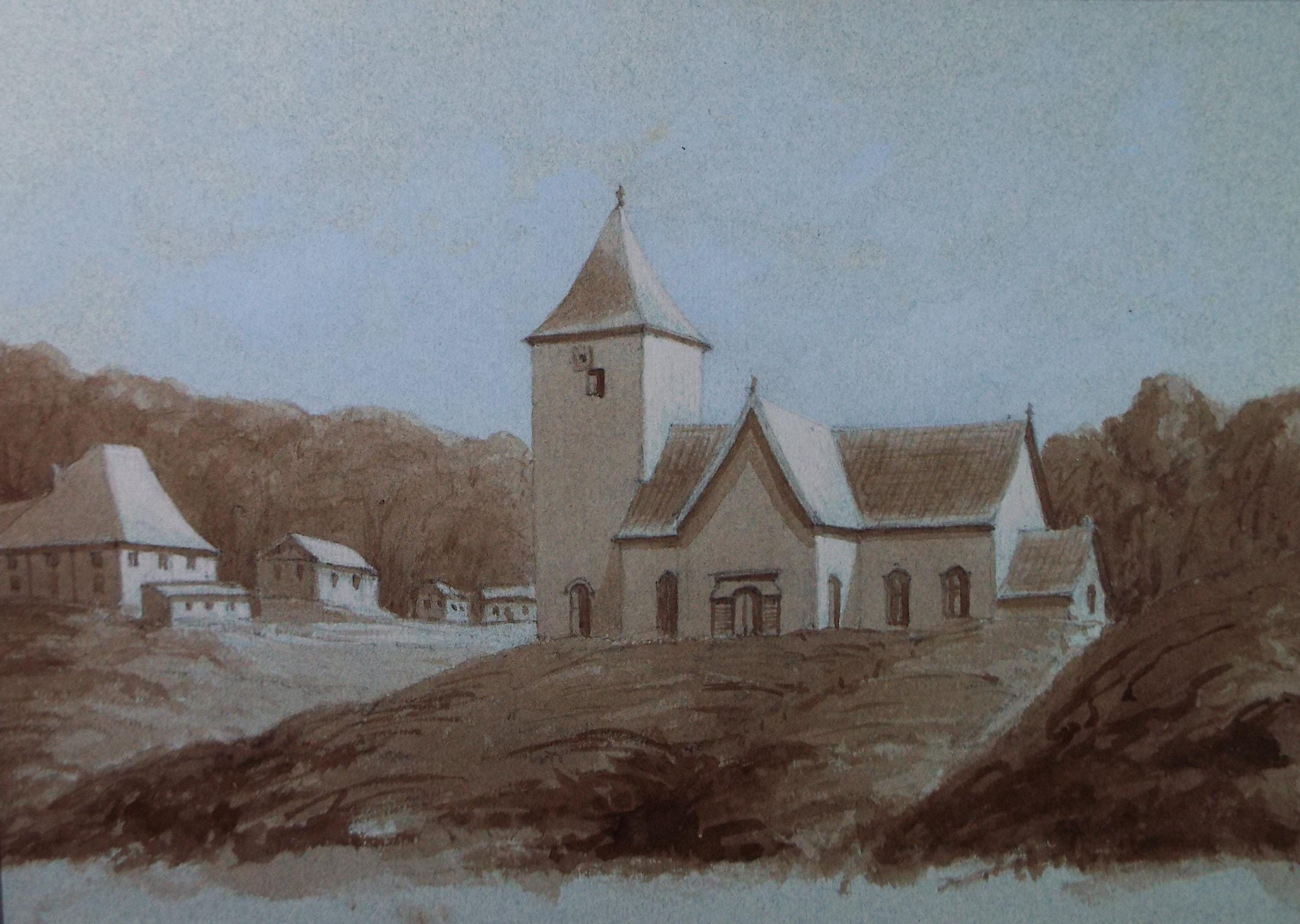 Original Watercolour, 'Continental church in a landscape', Unknown Artist, Late 19th Century