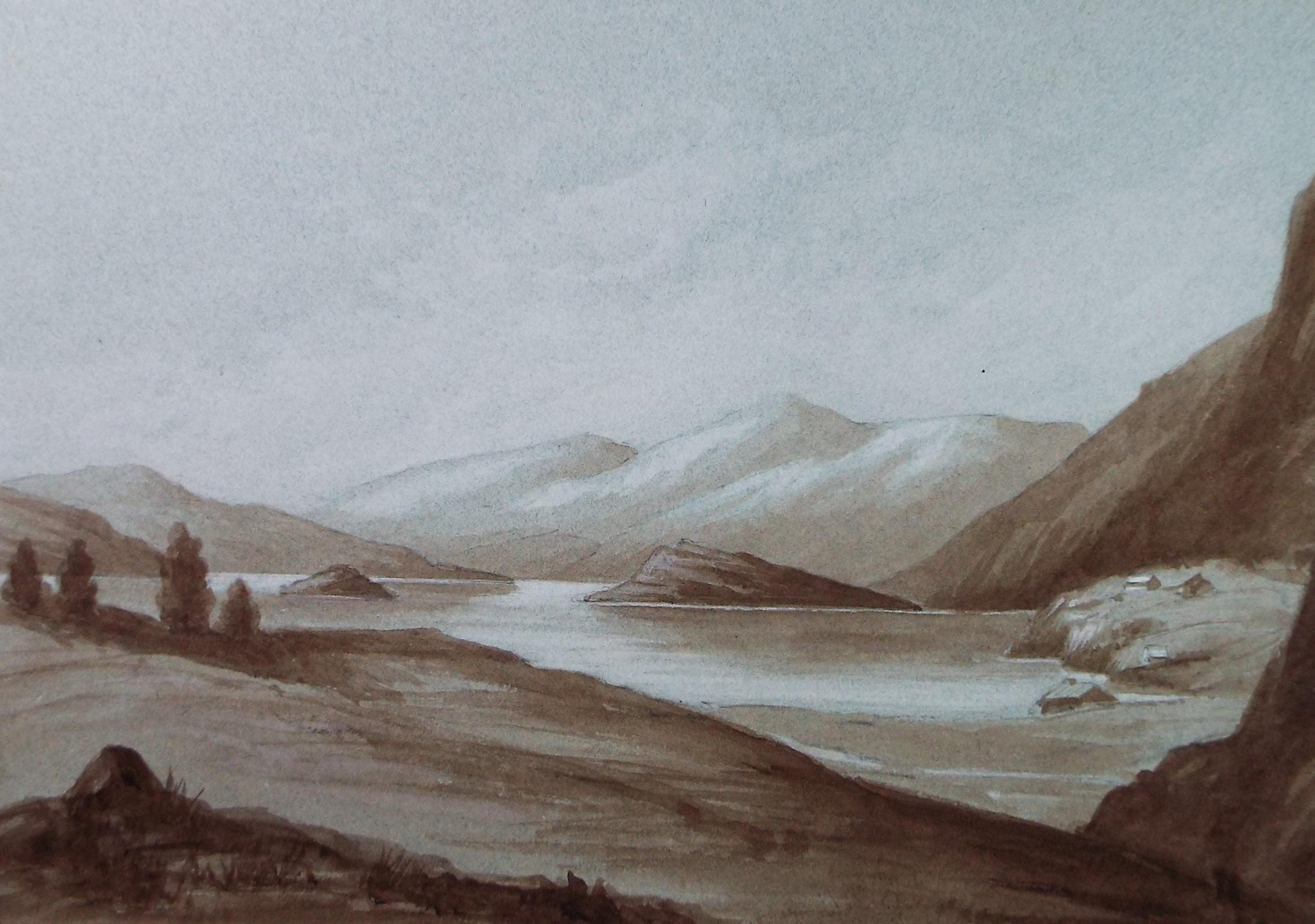 Original Watercolour, 'Lake landscape', late 19th Century