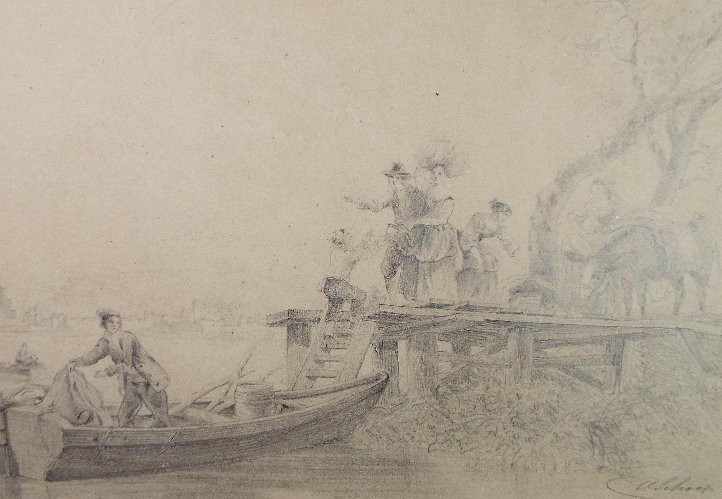 Original Pencil drawing, 'Figures on the quay' Late 19th Century, Artist Unknown