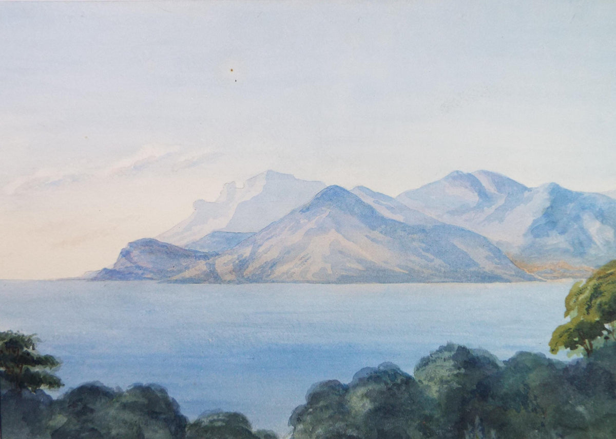 Original Watercolour, 'Bay with distant mountains', Late 19th Century, artist unknown