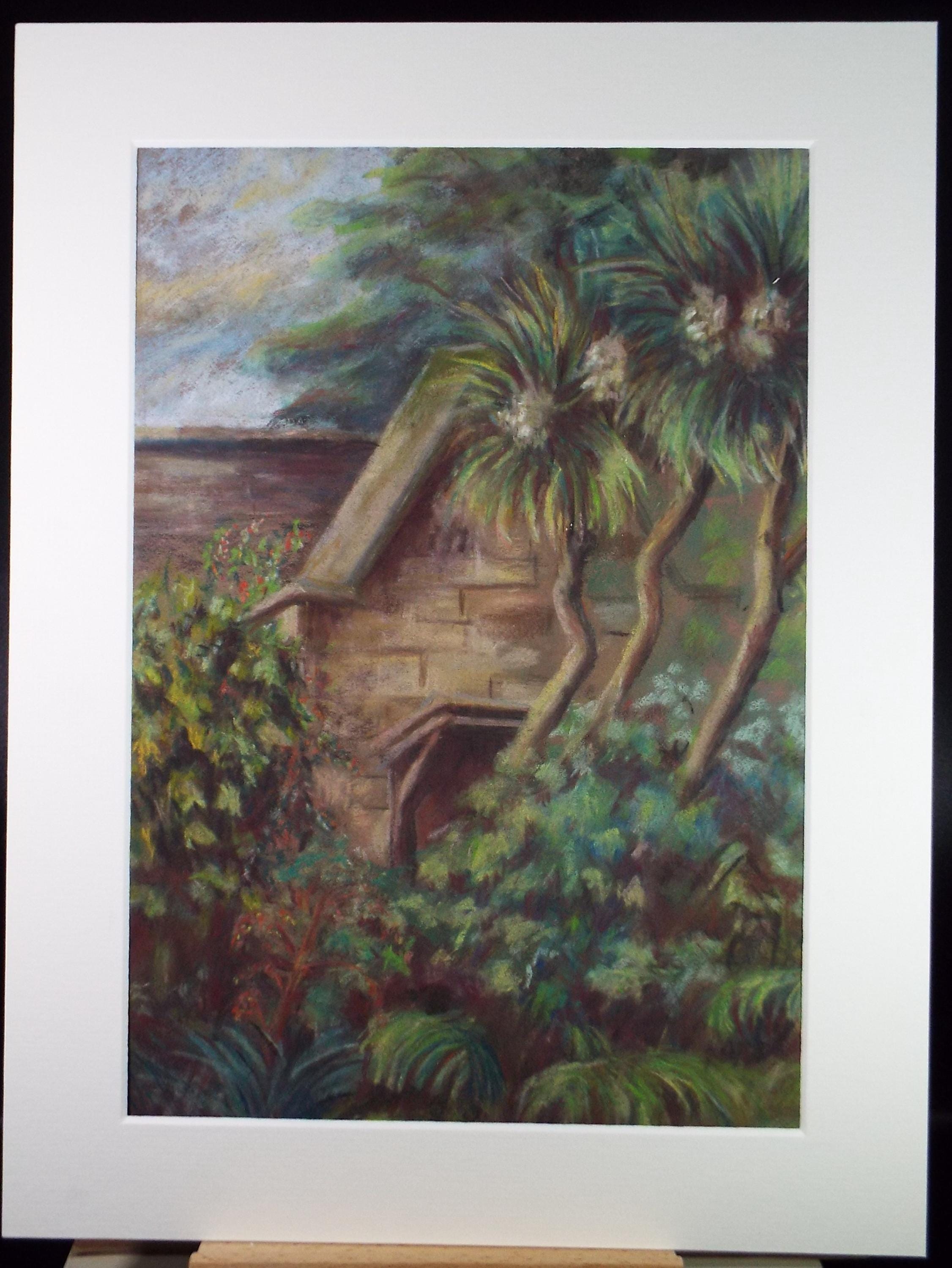 Original Pastel, 'Building in a Tropical landscape', Circa 1950's, Artist Unknown