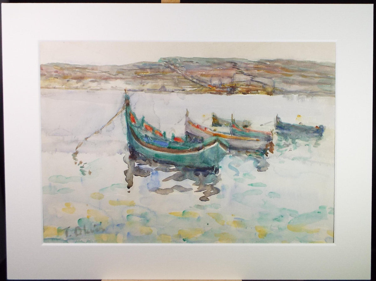 Original Watercolour, 'Moored Boats', c1960's, Unknown Artist