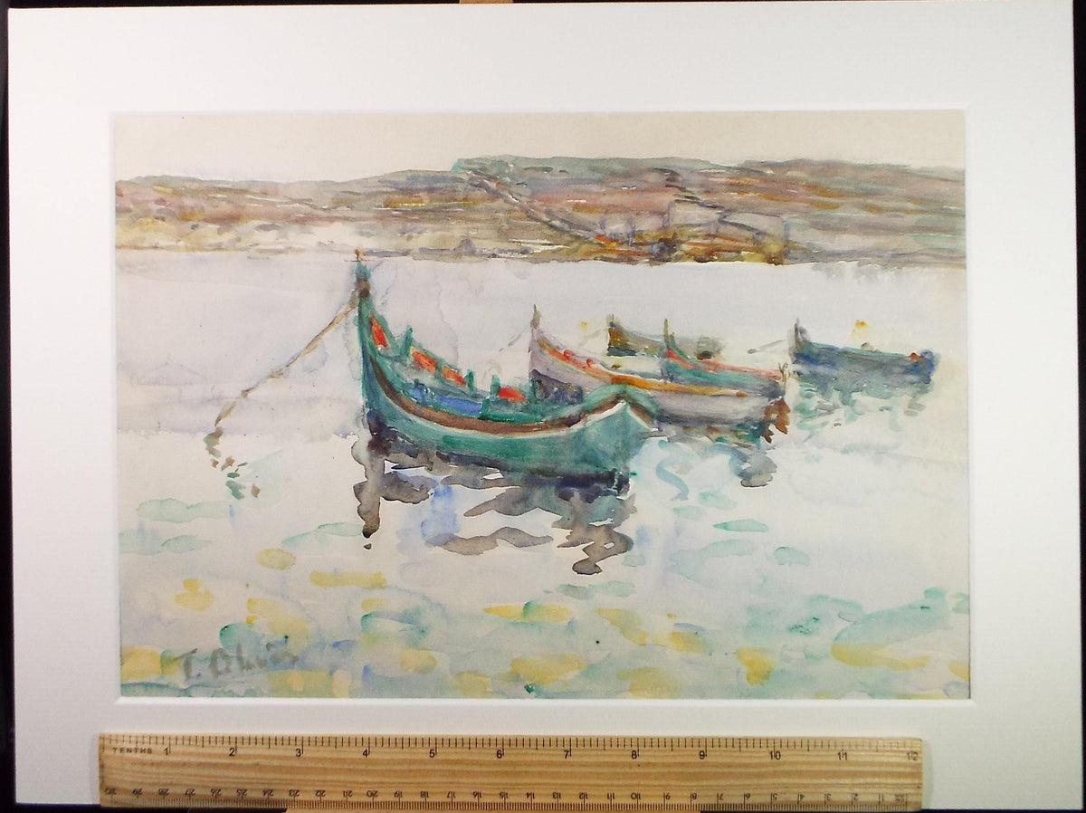 Original Watercolour, 'Moored Boats', c1960's, Unknown Artist