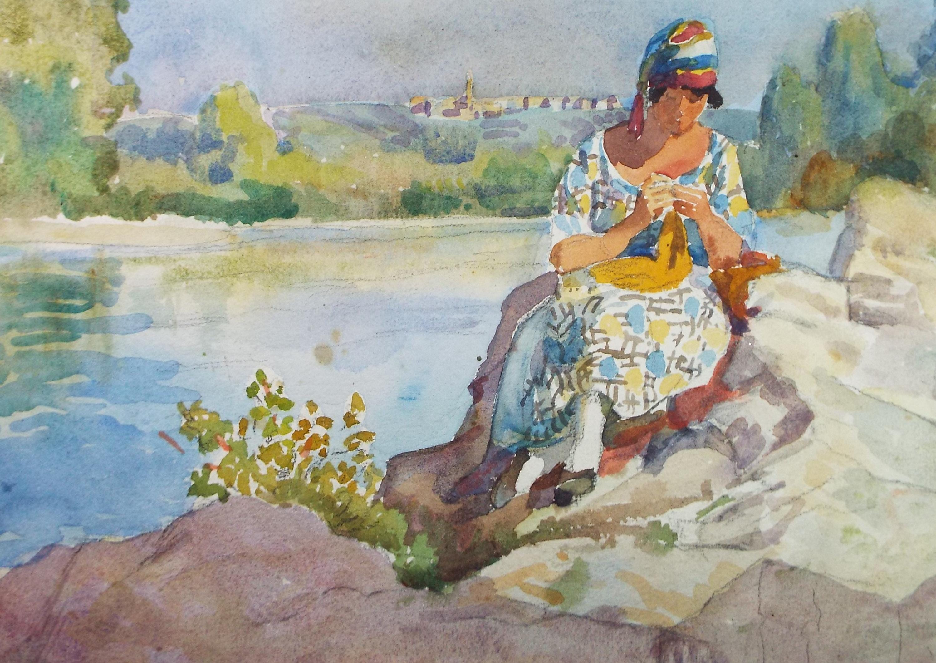 Original Watercolour, 'Woman on the rocks, Circa 1930s, Adeline Carrington