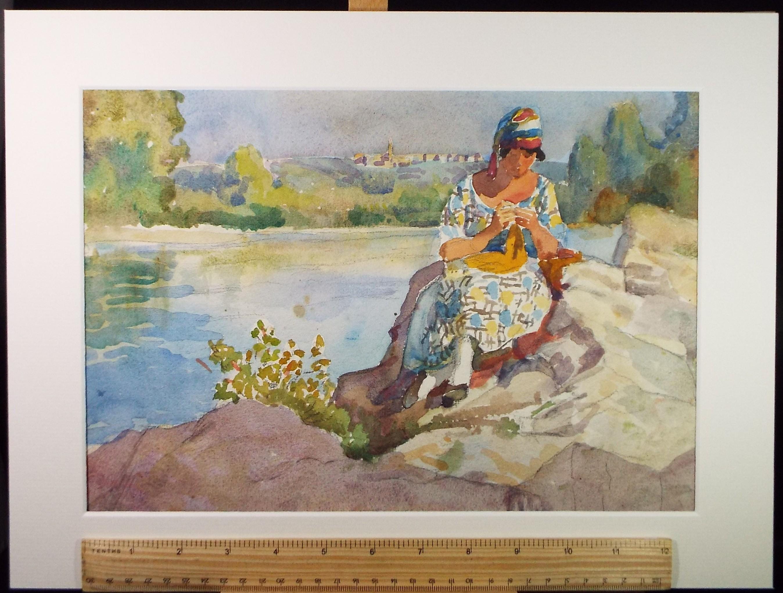 Original Watercolour, 'Woman on the rocks, Circa 1930s, Adeline Carrington