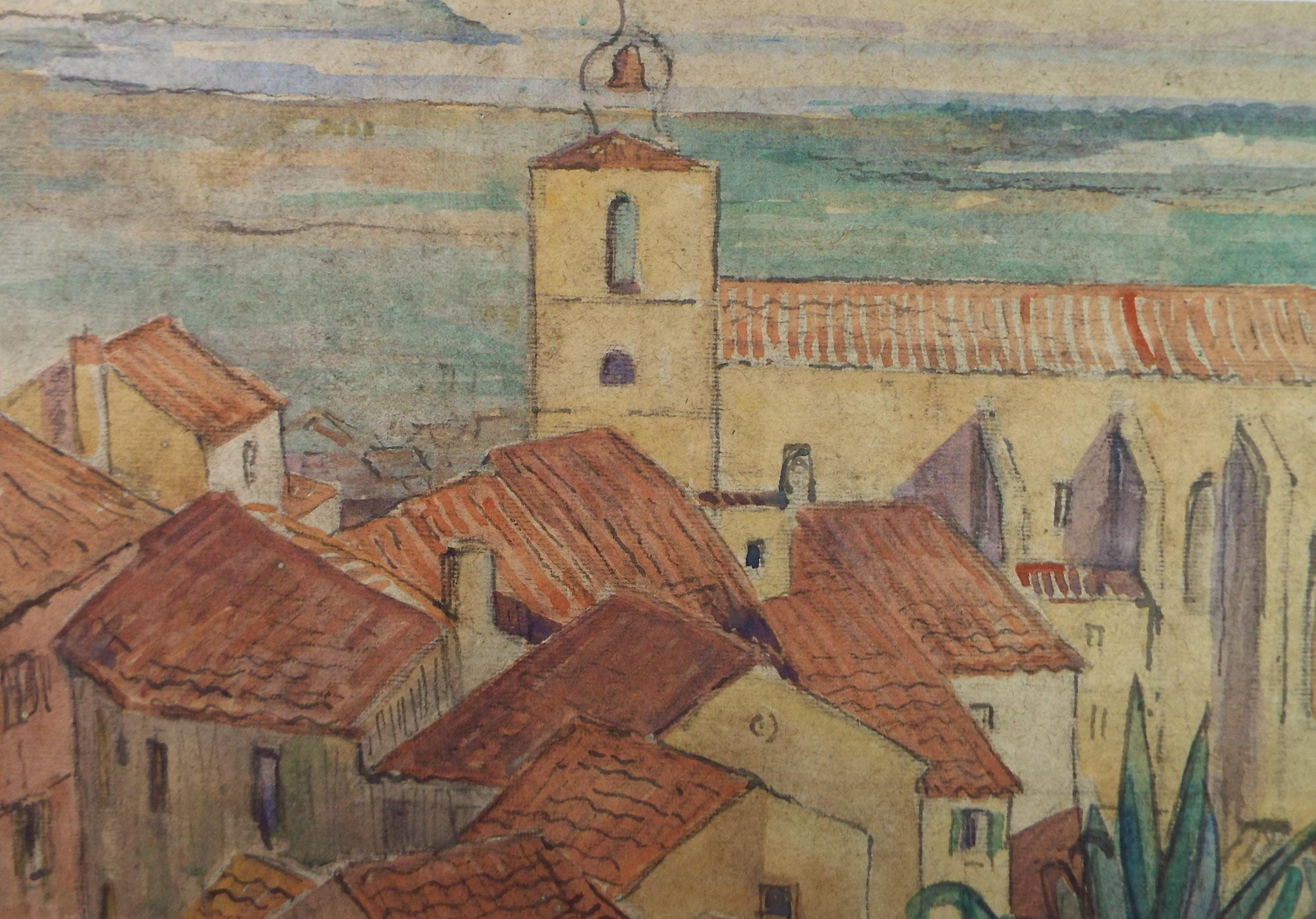 Original Watercolour, 'Coastal Rooftops', Circa 1930's, Adeline Carrington